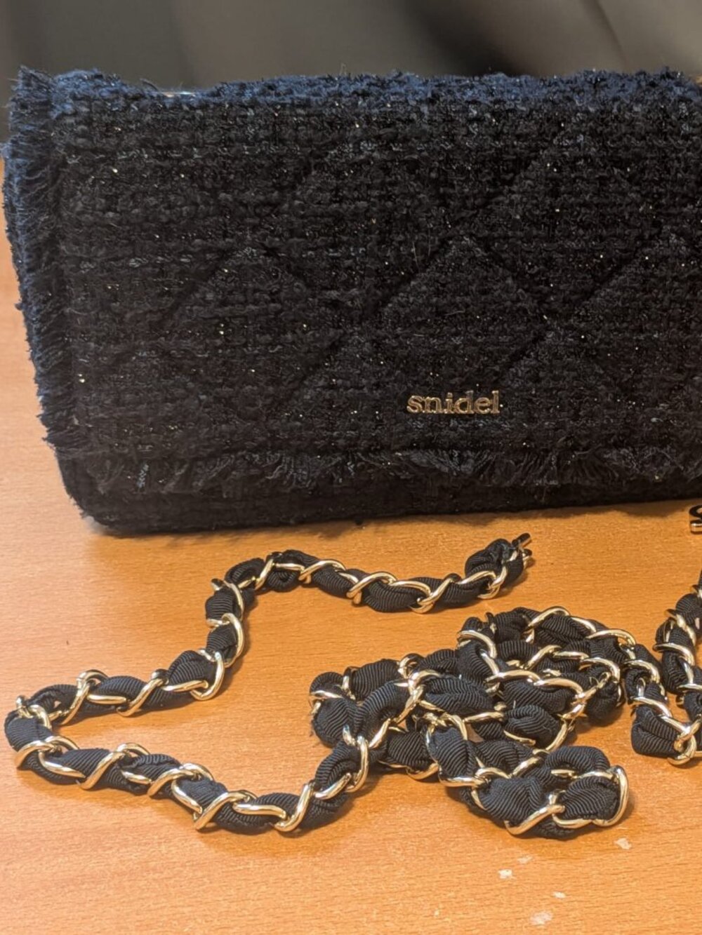 Snidel Black Tweed Fringe Shoulder Crossbody Bag Gold Chain Strap Purse japanese